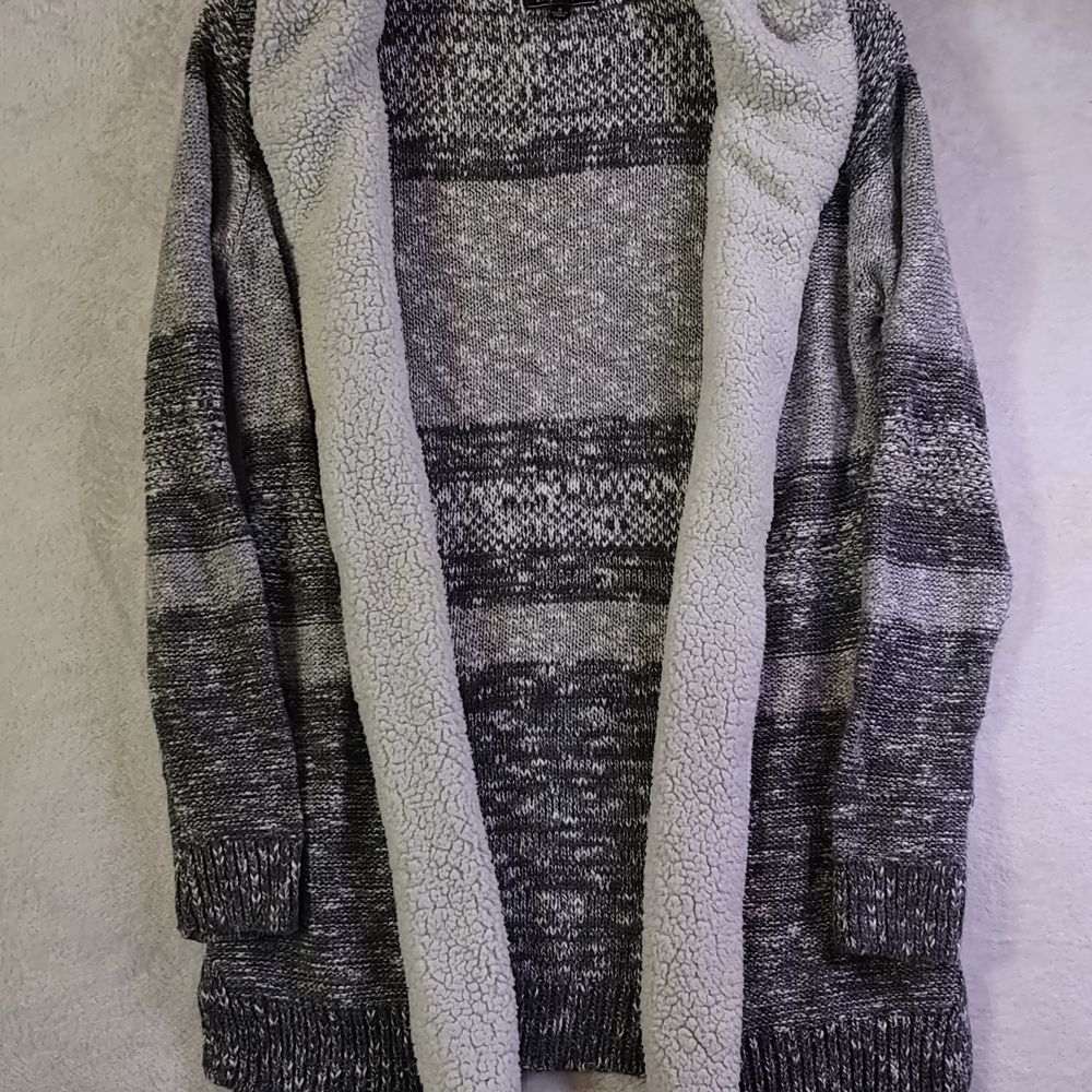Cozy Hooded Charcoal And Grey Knit Cardigan with Plush Trim